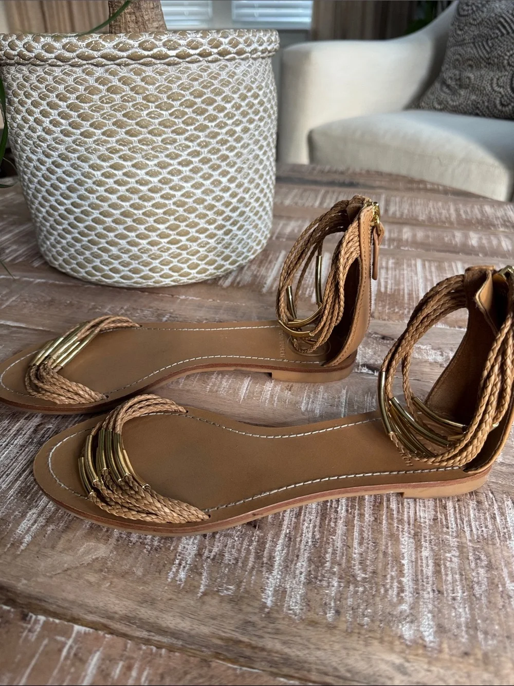 Tory Burch Tan Leather Mignon Braided Flat Sandals Size 9